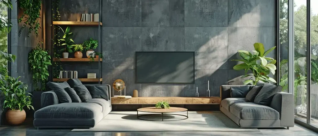 contemporary living area concrete walls bookcases