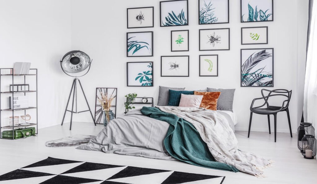 Calming gallery wall with neutral tone wall art