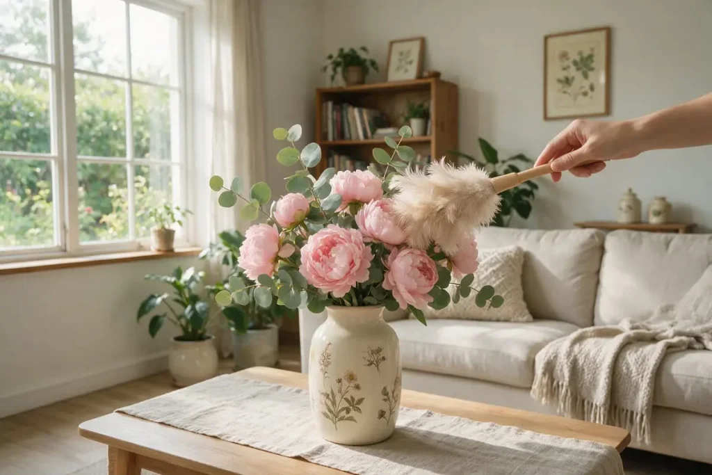 how to dust artificial flowers with a feather duster