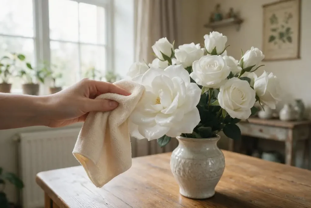 wiping a silk flower petal with a damp microfiber cloth