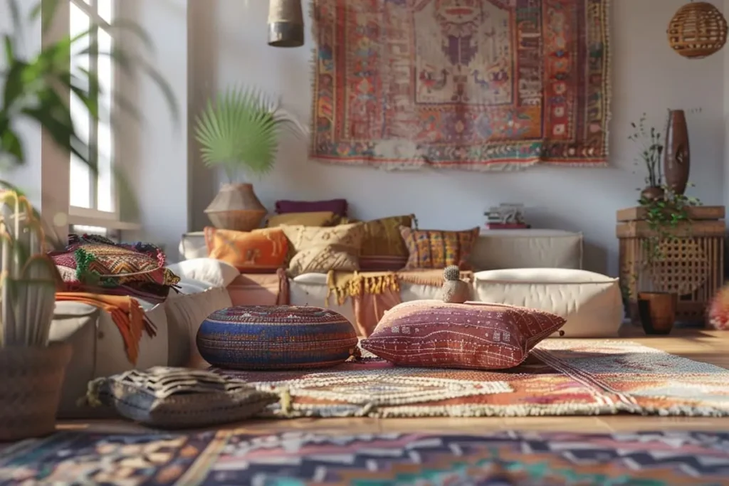 boho living room layered rugs
