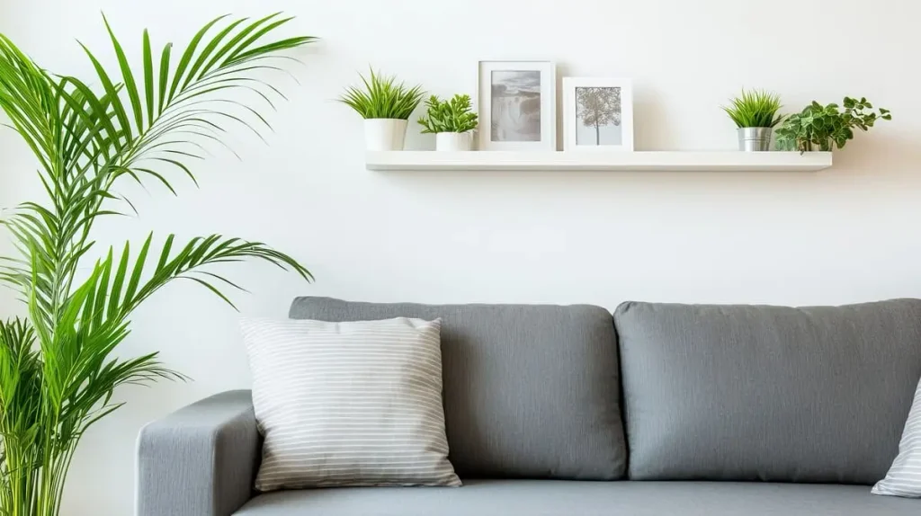 grouped indoor plants different heights shelf