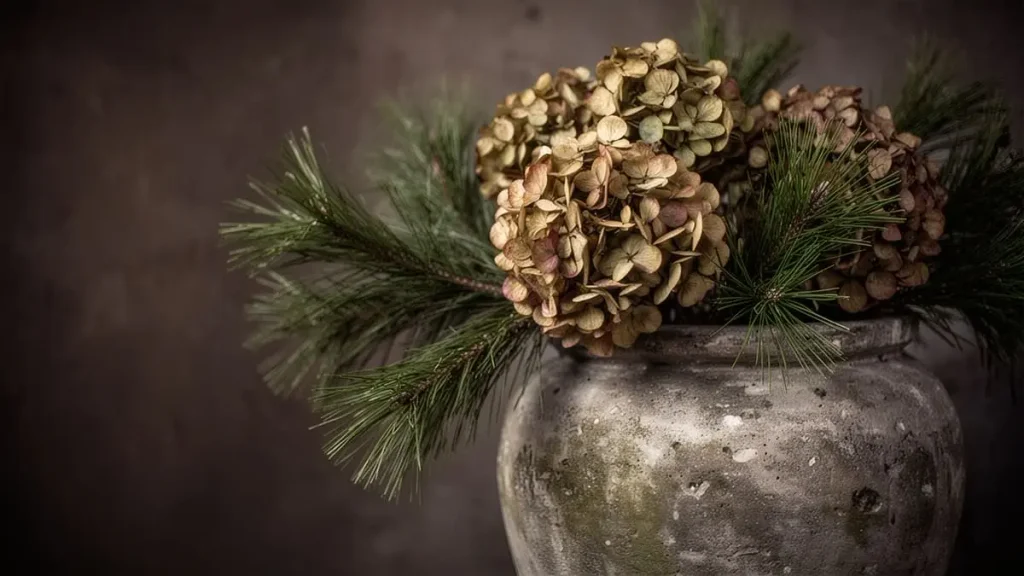 moody christmas decor dried hydrangea pine arrangement