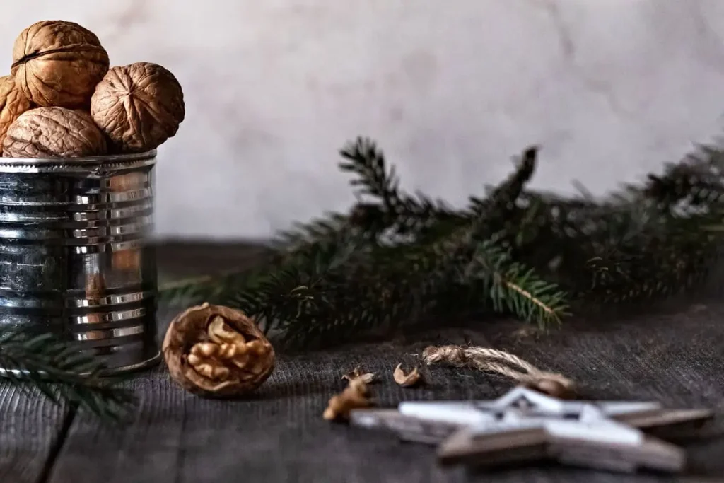 rustic christmas mantel walnuts spruce wooden star