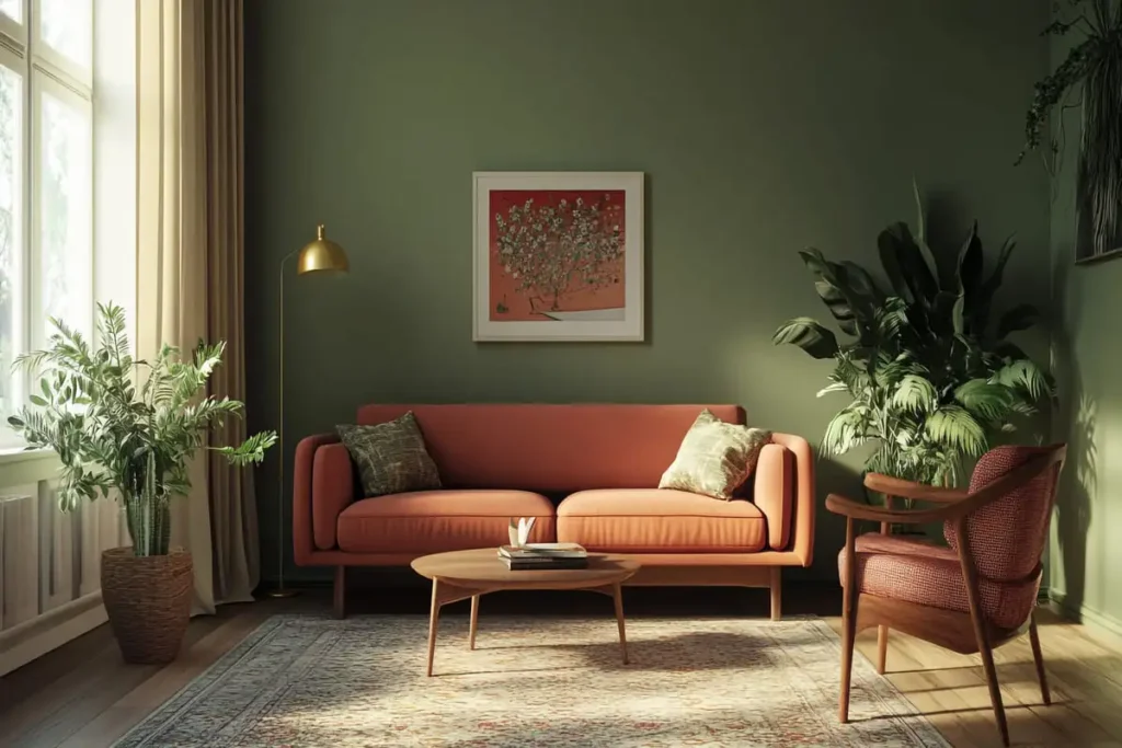 terracotta olive green colorfull bohemian living room