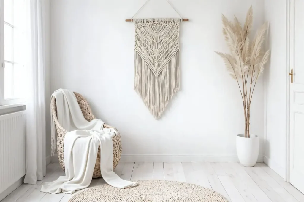 white walls boho living room