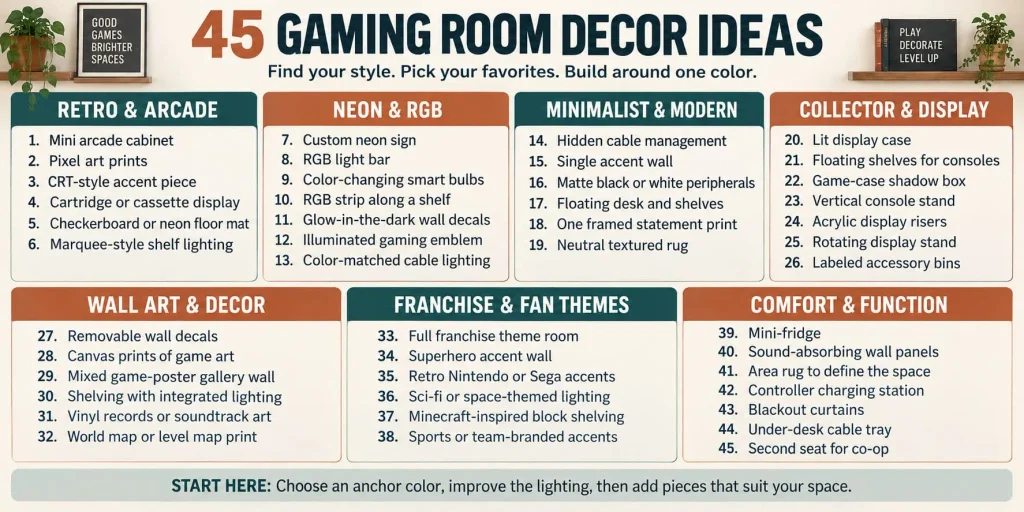 Infographic listing 45 gaming room decor ideas across seven categories, including retro, minimalist, lighting, and wall decor.