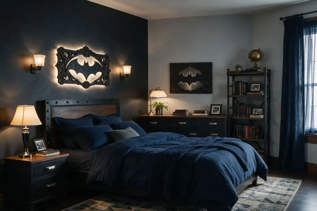 Gotham noir adult bedroom idea with a charcoal accent wall and backlit bat-emblem panel