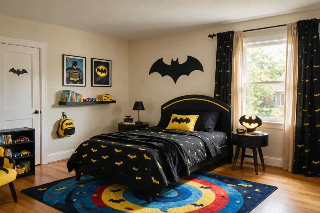 Bright kids bedroom with batman bedroom ideas: black and yellow bedding and a bat-silhouette wall decal