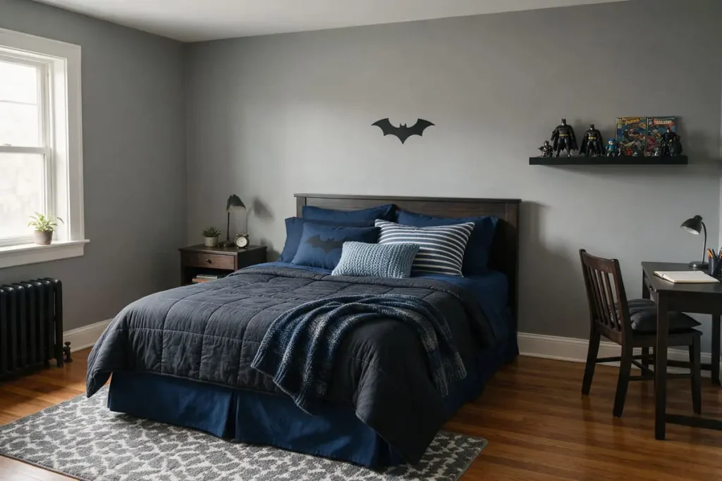Tween bedroom with navy bedding and a floating shelf for Batman collectibles