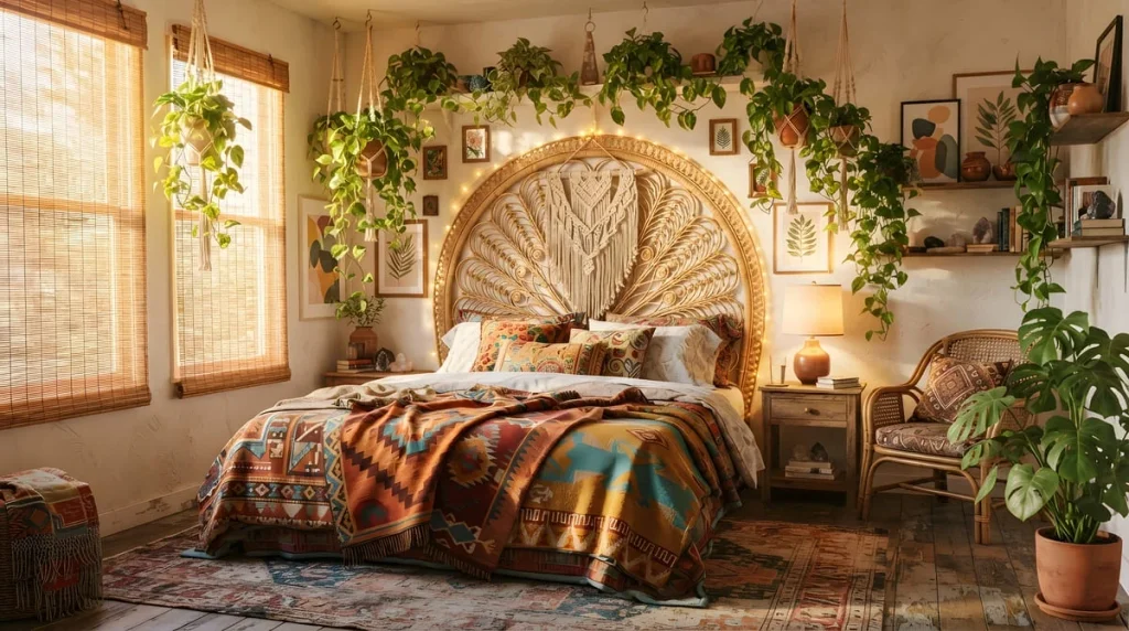 Boho bedroom with colorful decor, a rattan headboard, and patterned textiles