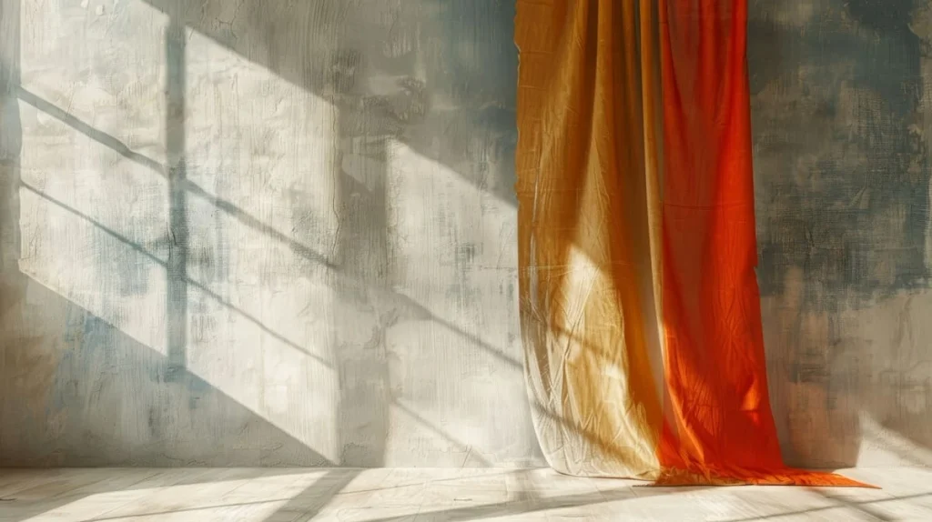 Patterned curtains filtering sunlight onto a wood floor