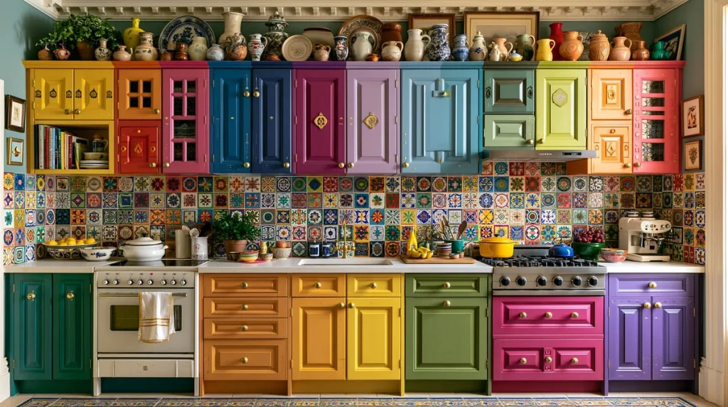Boho kitchen decor with painted cabinets and a colorful patterned tile backsplash