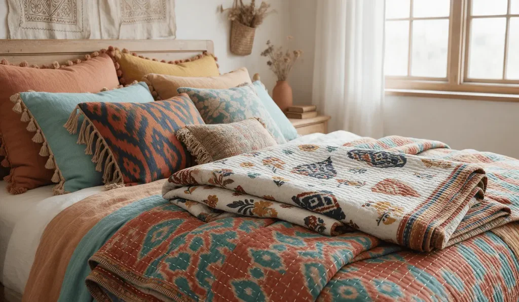 colorful boho bedding kantha quilt layered
