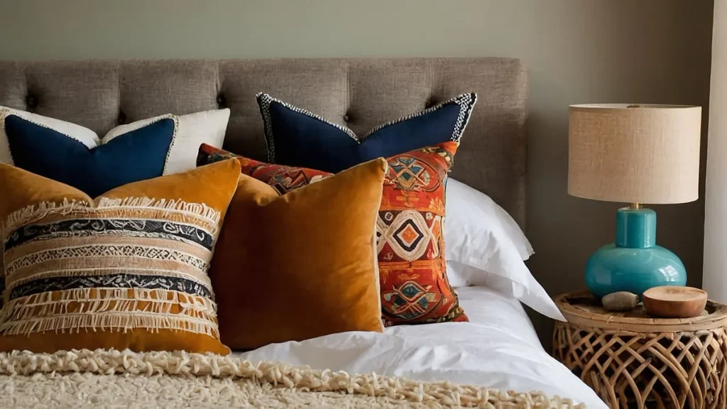 Colorful boho decor bedding in a cozy bohemian bedroom setup