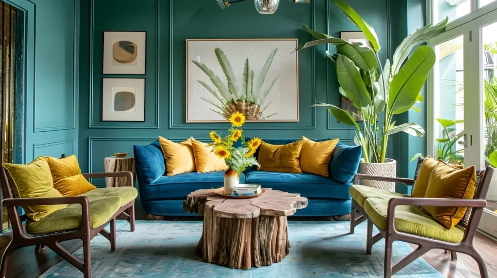 Colorful boho decor living room with a vibrant palette and lush greenery