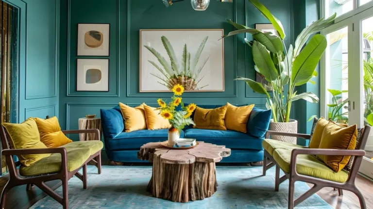 Colorful boho decor living room with a vibrant palette and lush greenery