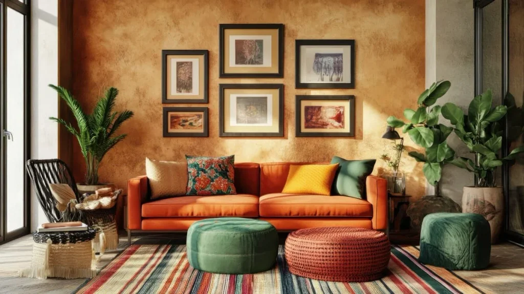 Colorful boho decor living room featuring an orange couch and layered accents