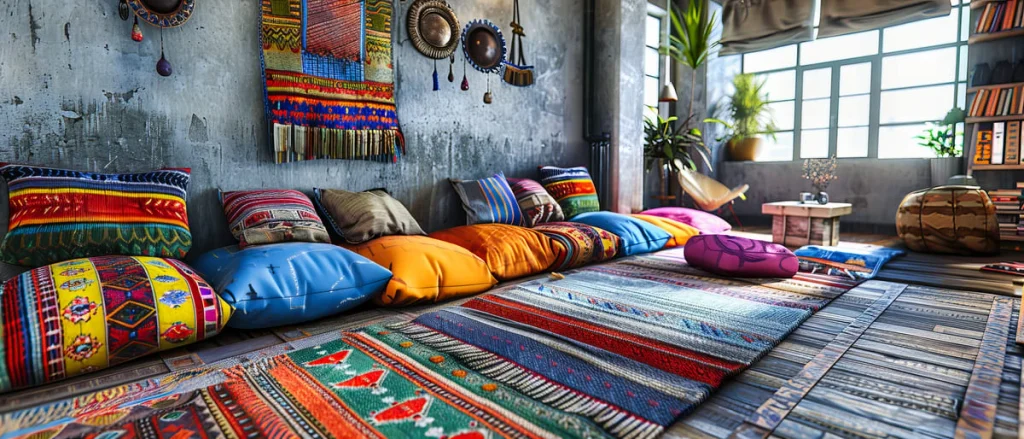 Colorful boho decor rug in a traditional Moroccan pattern with matching pillows