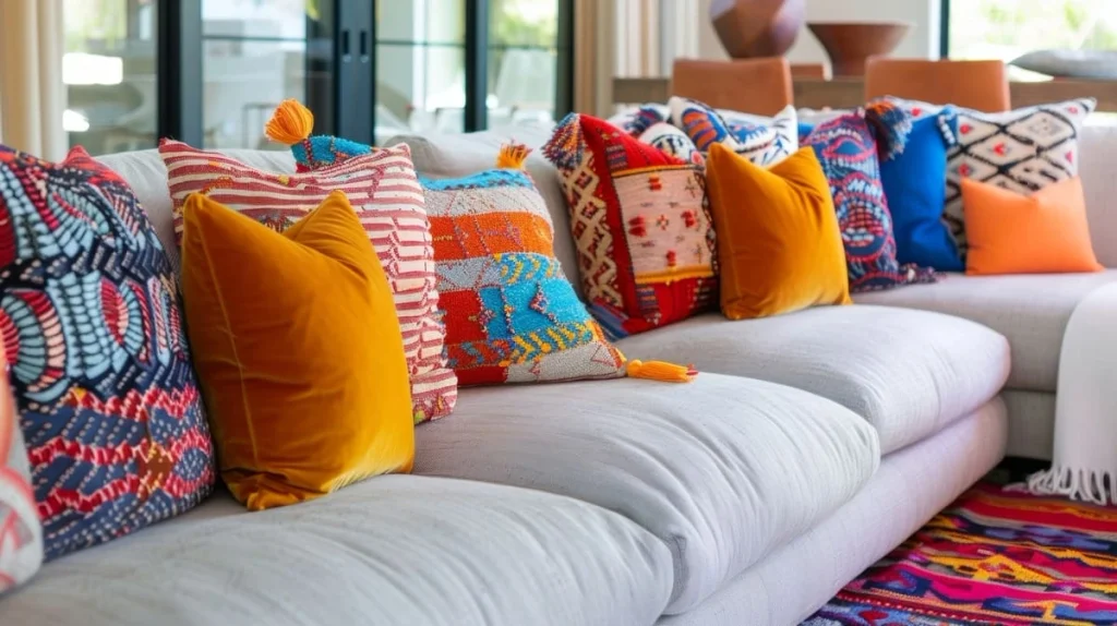Throw pillows in mixed patterns on a sectional sofa