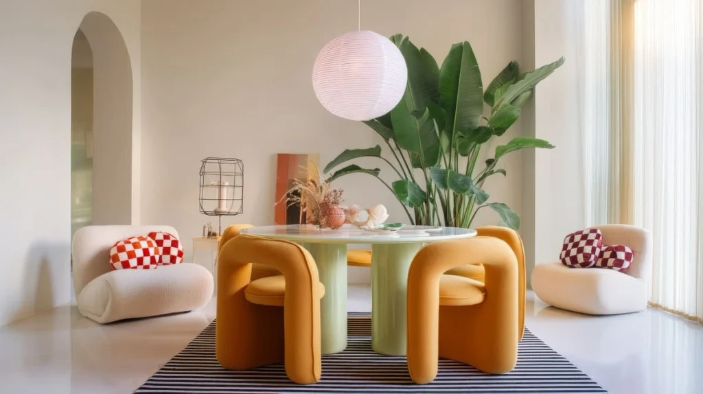 Colorful boho dining room decor with a round table and mismatched chairs