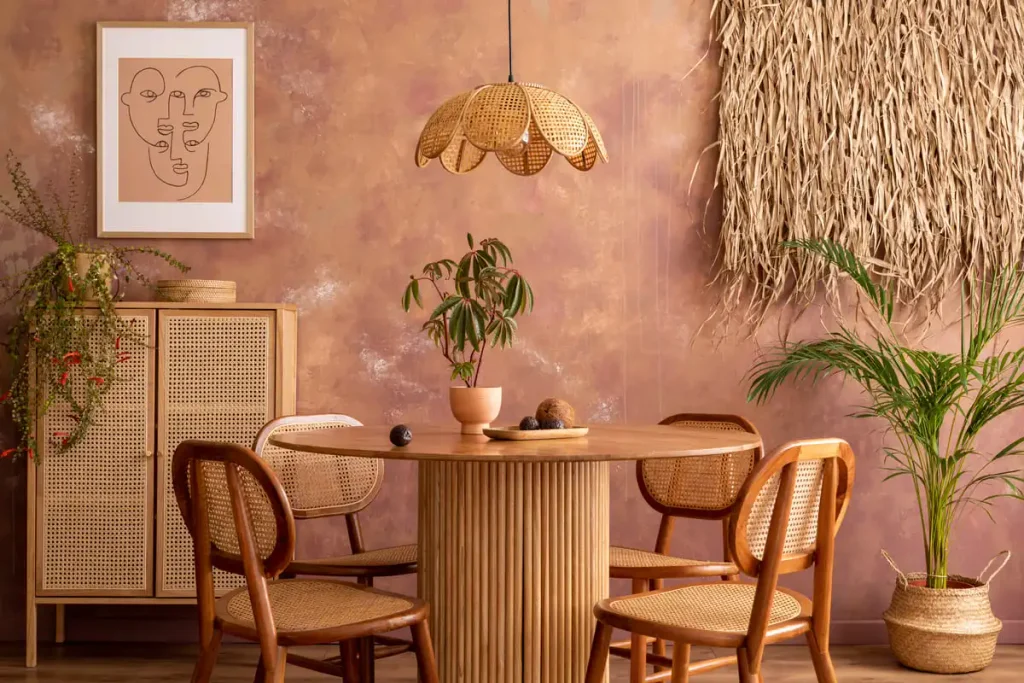 Mismatched wooden dining chairs painted in maroon, cream, mint, and yellow around a rustic wood table