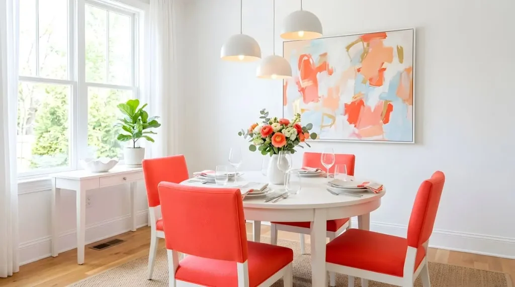 Colorful dining room with coral upholstered chairs, a fiddle leaf fig plant, and a fresh floral centerpiece on a round white table