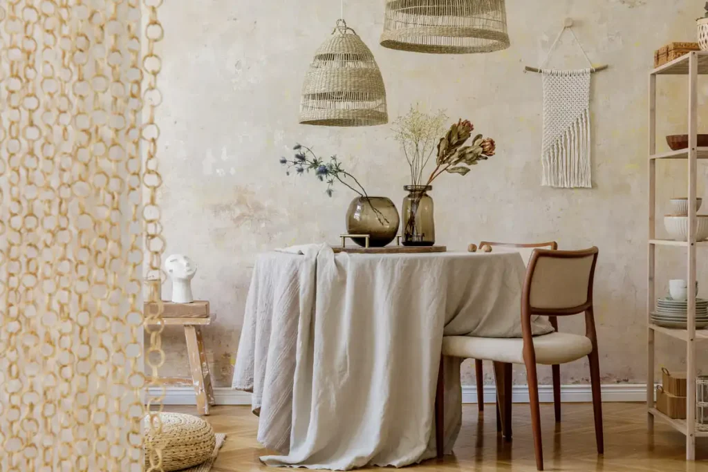 Boho dining nook with two woven rattan pendant lights, a macrame wall hanging, and a linen-draped table topped with dried flowers