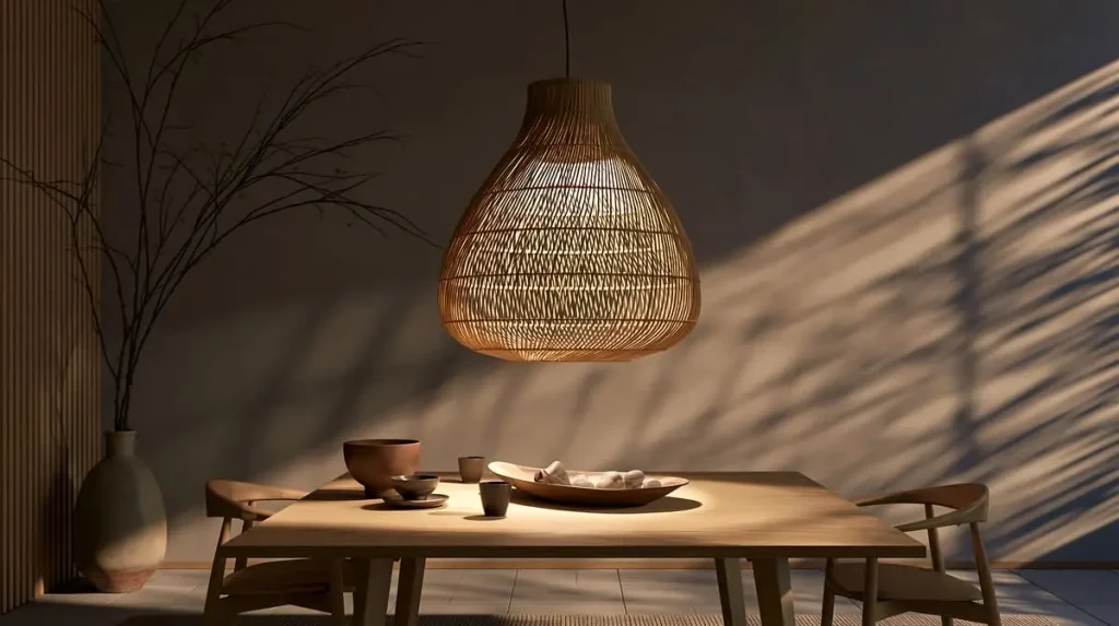 Single oversized woven rattan pendant light hanging low over a minimalist wooden dining table