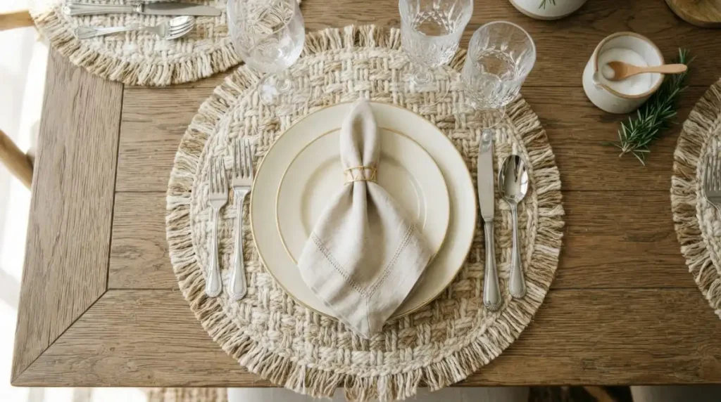 Close-up of a boho table setting with fringed woven placemats, a linen napkin, and crystal glassware on a wooden table