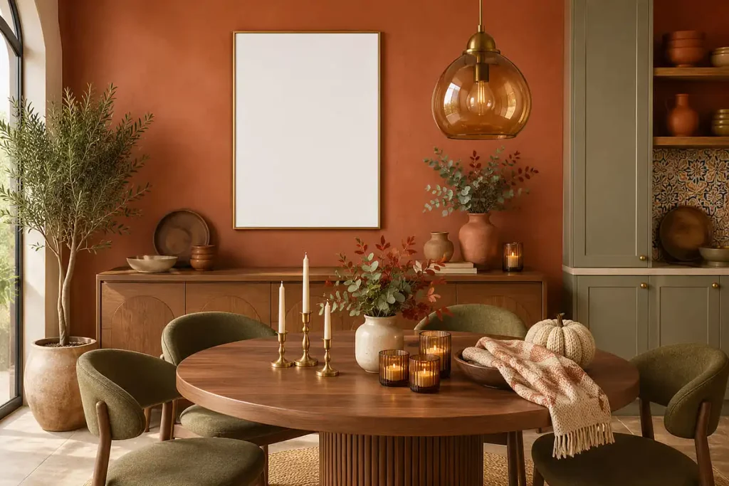Dining room with a terracotta accent wall, olive green chairs, and an amber glass pendant light over a round wooden table