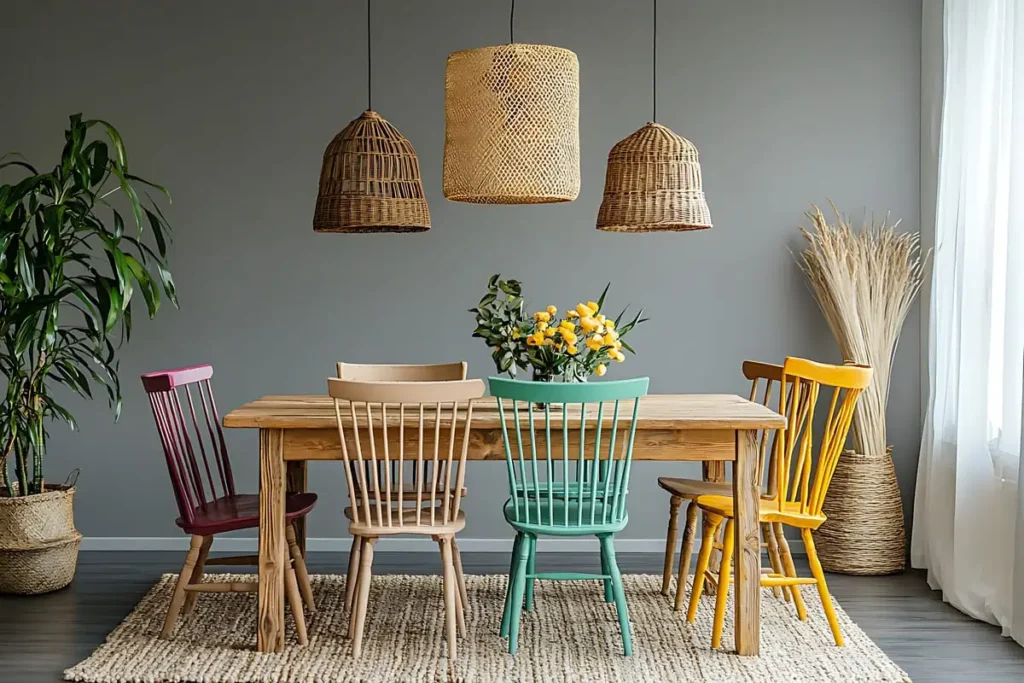 Rustic wooden dining table surrounded by mismatched painted chairs in maroon, mint, and yellow under woven rattan pendant lights