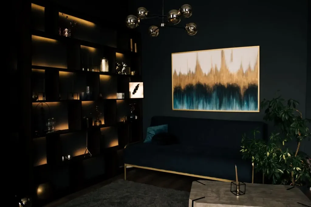 dark living room backlit shelving