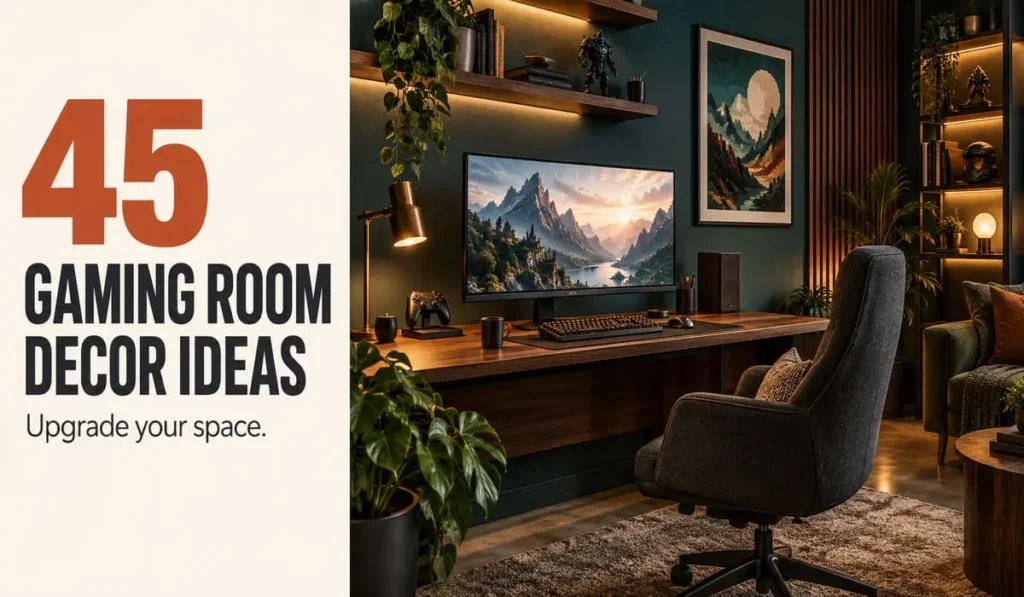 Modern gaming room with teal walls, a walnut desk, and warm shelf lighting beside the title “45 Gaming Room Decor Ideas.”