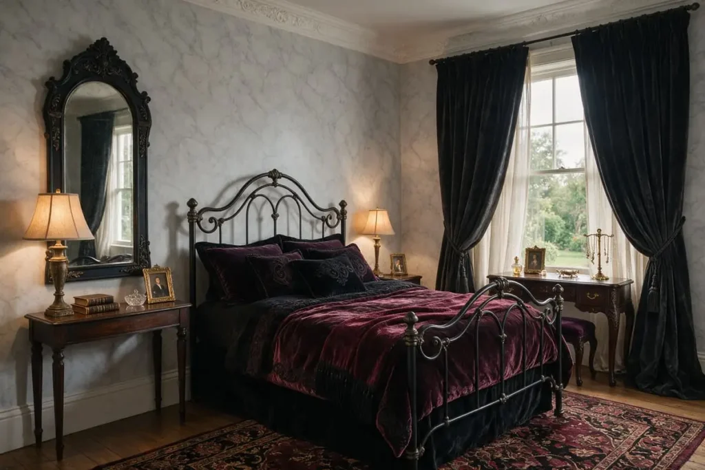 Gothic bedroom ideas in action: curved metal bed with plum velvet bedding, ornate black mirror and dark curtains