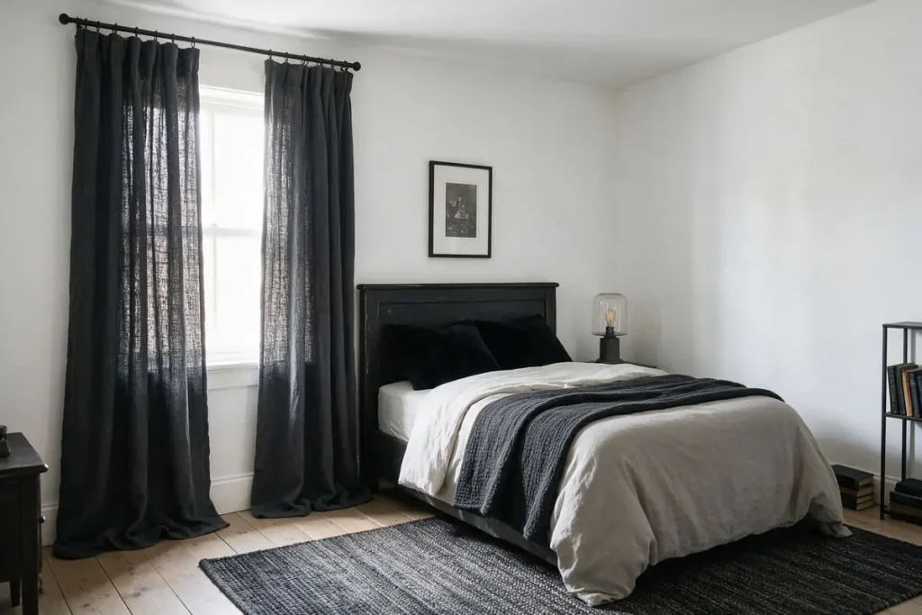 Gothic bedroom ideas for white walls using charcoal curtains, black cushions and a dark wood headboard