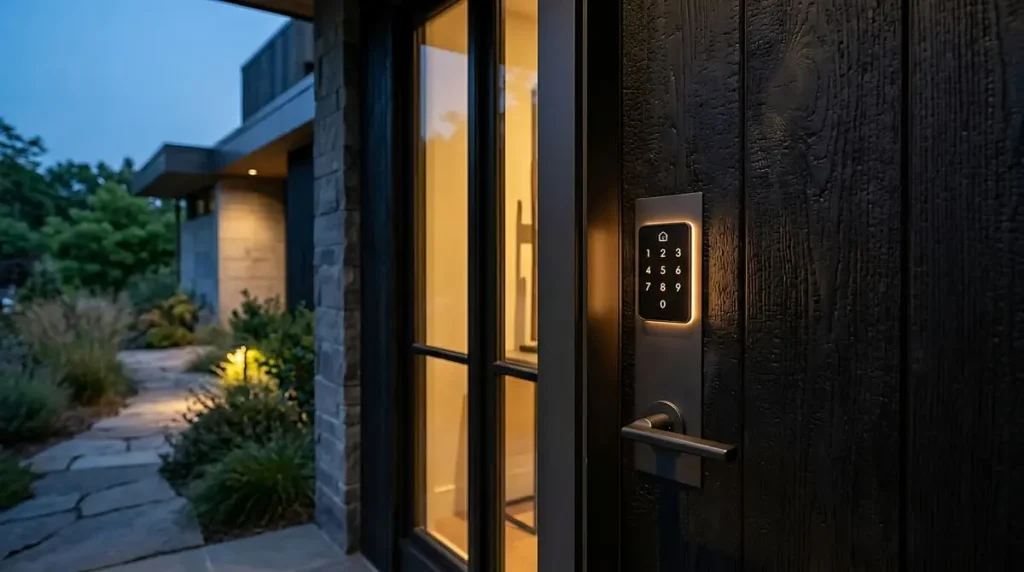 Smart lock with a glowing keypad on a wooden front door at dusk