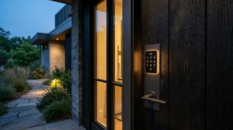 Smart lock with a glowing keypad on a wooden front door at dusk