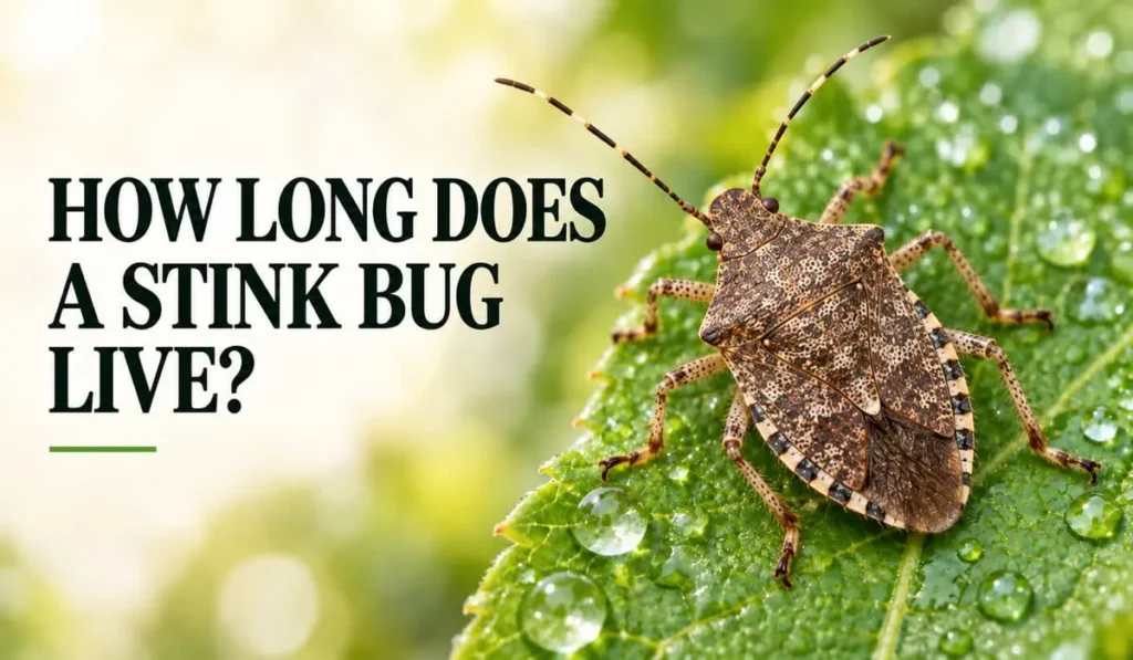 Brown marmorated stink bug on a dew-covered green leaf beside the headline “How long does a stink bug live?
