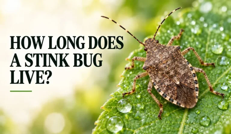 Brown marmorated stink bug on a dew-covered green leaf beside the headline “How long does a stink bug live?