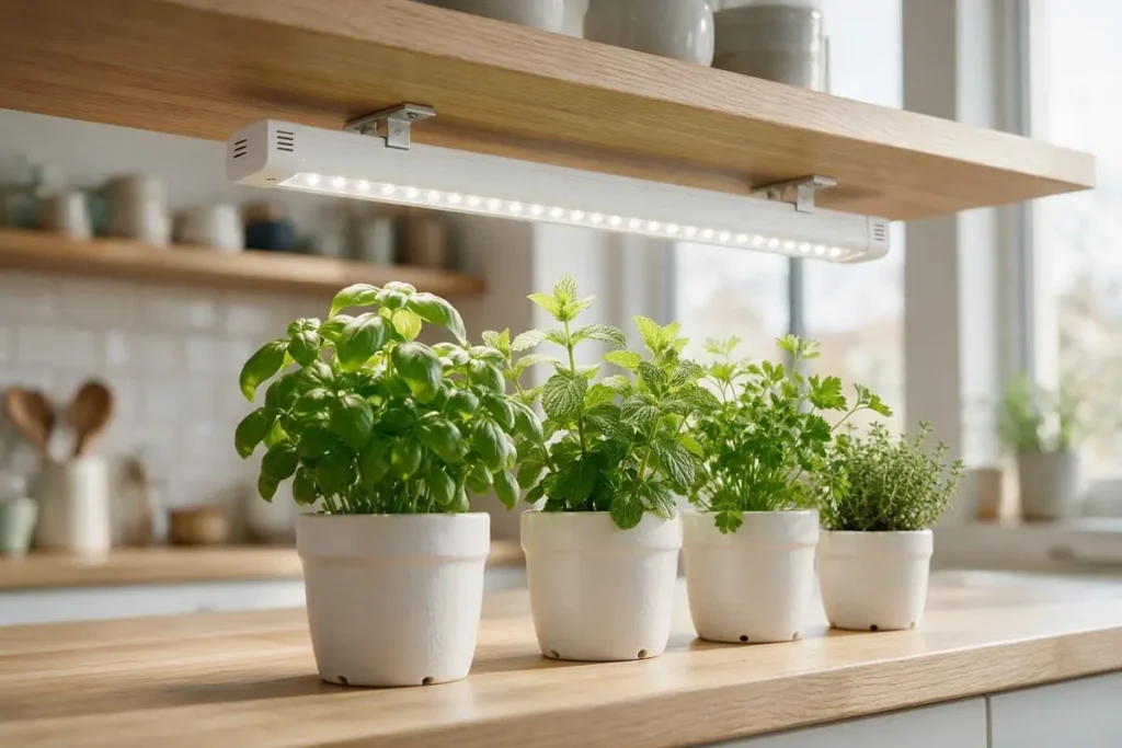 Indoor herb garden with grow lights beneath a kitchen shelf, with potted basil, mint, parsley, and thyme.
