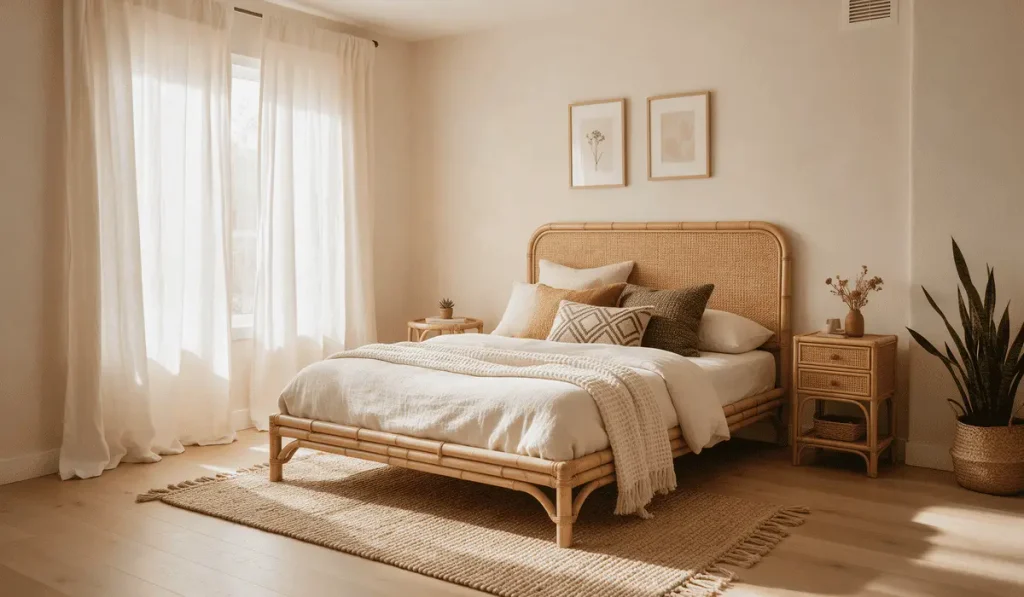 low profile rattan bed frame boho bedroom
