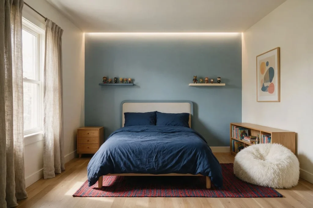 Kids bedroom with a painted accent wall, LED strip lighting, a themed rug and floating shelves with figures