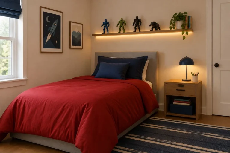 Kid's bedroom with neutral walls, red bedding and a shelf of collectible figures, set up for a fan of several Marvel heroes