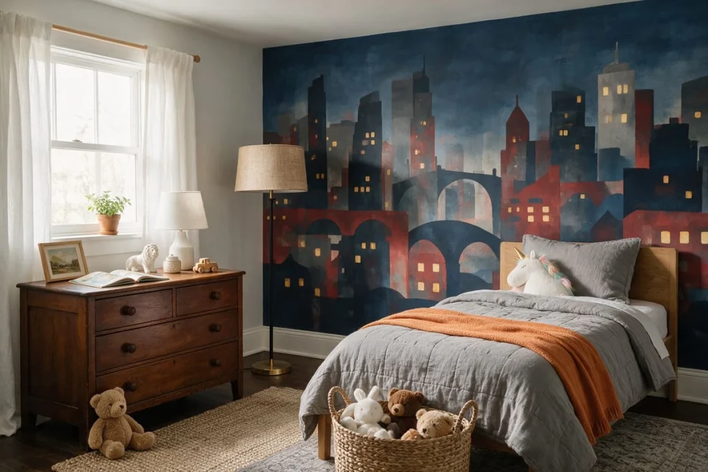 Kids bedroom feature wall with an abstract city skyline mural in navy and red