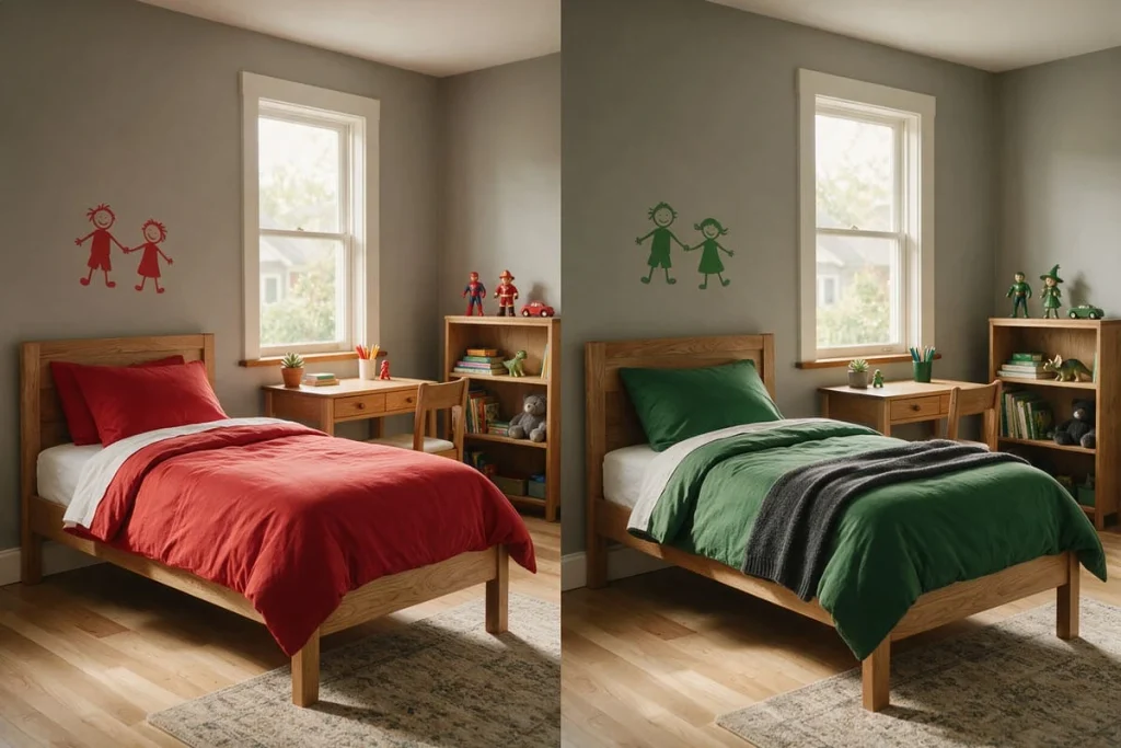 The same Marvel inspired bedroom with green bedding, dark grey decals and green figures against unchanged grey walls