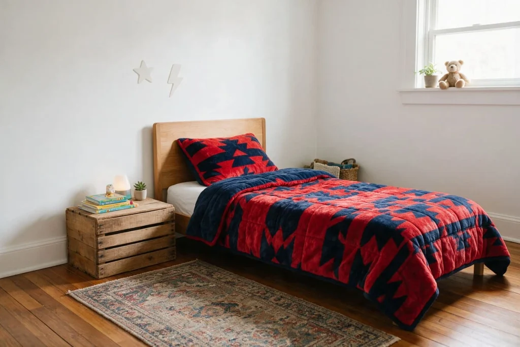 Twin bed with a red and blue comforter and a few removable wall decals on a plain white wall