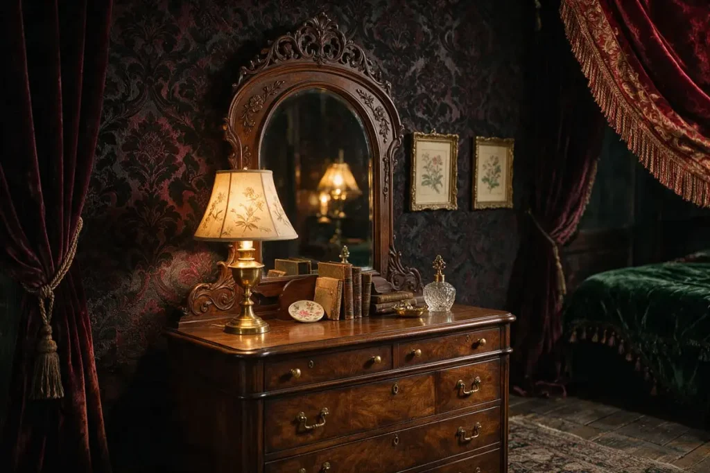 Ornate carved wood mirror above a dark wood dresser with a brass lamp against dark damask wallpaper