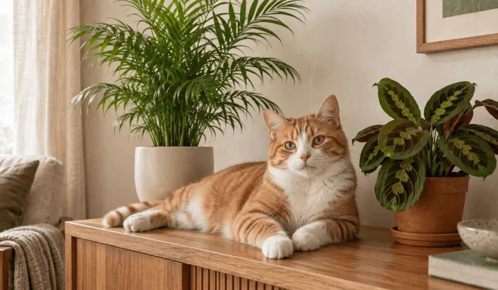 Low light indoor plants safe for cats, with a ginger cat resting beside a parlor palm and prayer plant.