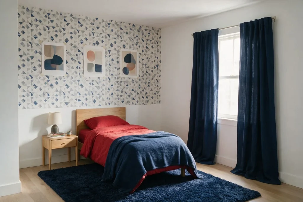 Renter-friendly Marvel bedroom ideas with navy geometric wallpaper, framed abstract prints, navy curtains and red bedding